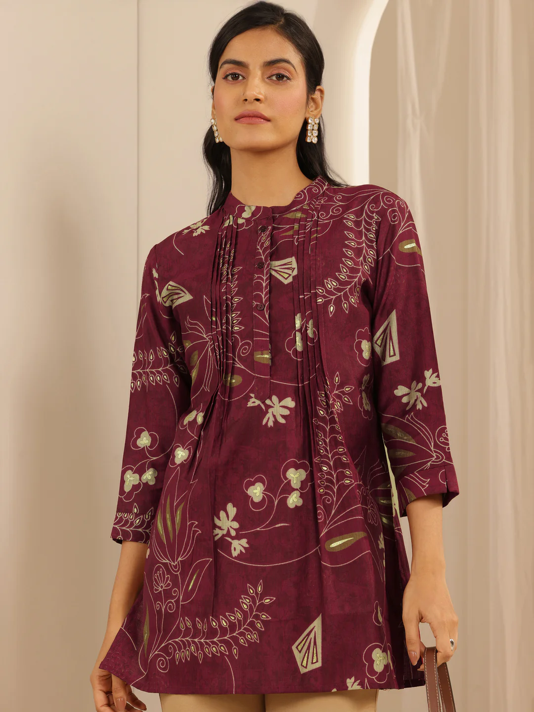Maroon Printed Silk Blend Short Kurti